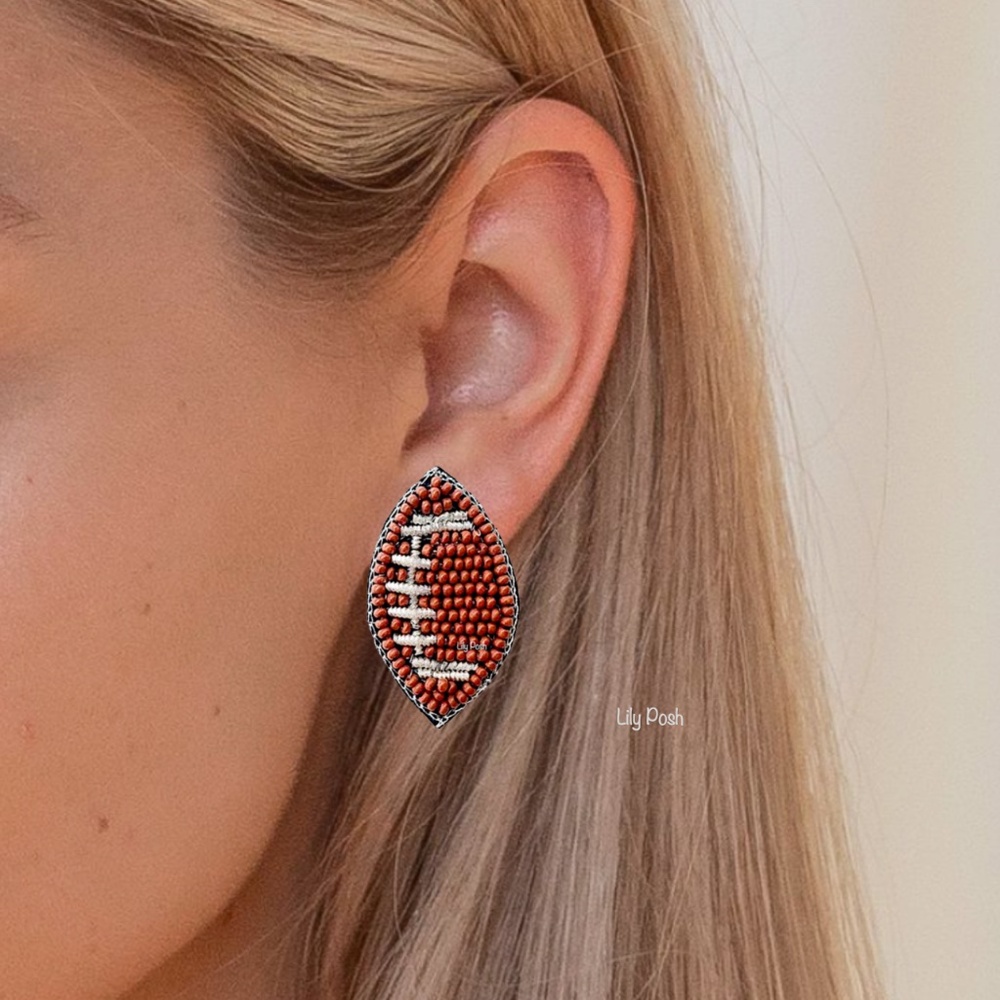 Beaded Football Stud Earring, Seed Bead Football Game Day Earring - Picture 3 of 3